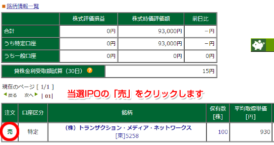 当選IPOの「売り」をクリック